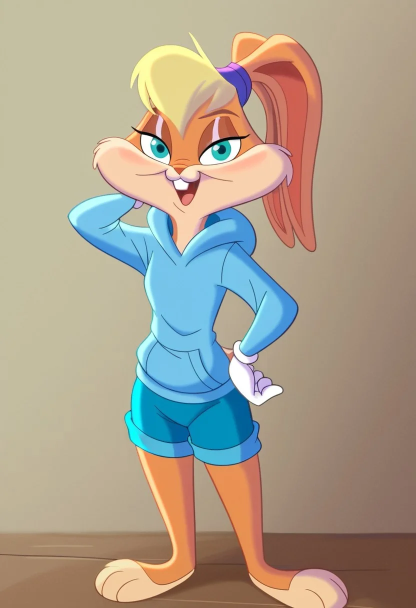 score_7_up, score_8_up, score_9, masterpiece, high quality,
LolaBunnySJ2, furry, cartoon, anthro rabbit, looney tunes style, female, solo, 1girl,
blond hair, beige body, green eyes, purple hairband,
white gloves, light blue hoodie, dark blue shorts, bare feet,
smiling, looking at viewer, hand on hip, hand behind head, bedroom eyes, mouth open,
standing, facing forward, front view, full body view, full body