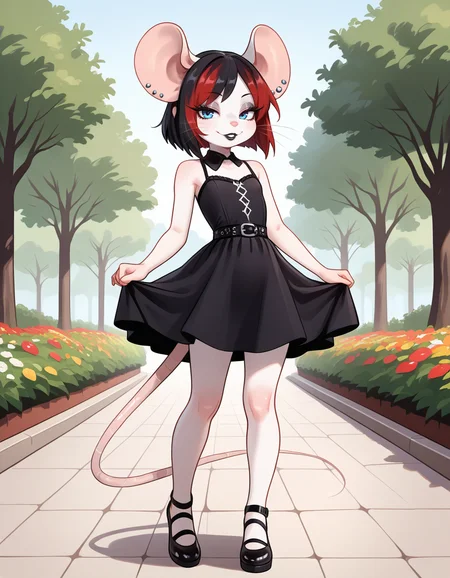 masterpiece, best quality, very aesthetic, absurdres,
outdoors,
full body, standing, posing,
goth fashion,
seductive smile, parted lips, long eyelashes,
<lora:Francis_v01_NAIXL:1>
Francis,1girl,solo,furry female, mouse girl, mouse ears, ear piercing, earrings, short hair, multicolored hair, red hair ,black hair ,blue eyes, eyeshadow, animal nose, whiskers, black lipstick, piercing, body fur, white fur, mouse tail,