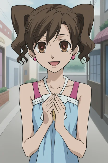 score_9, score_8_up, score_7_up, source_anime, anime screenshot,
in a city,
<lora:Haruhi_Fujioka_r1:.8>1girl, solo, brown hair, brown eyes, Hahuri date outfit, Short hair, twintails blue dress, earrings, jewely, bare shoulders, sandals, legs, toes,
girl directly facing the viewer, girl looking at the viewer, mouth open, big smile, happy girl, cute girl, detailed hand and fingers, detailed face,
<lora:simple_heart-shaped_pupils:.2> simple_heart-shaped_pupils
<lora:Pony_DetailV2.0:3>