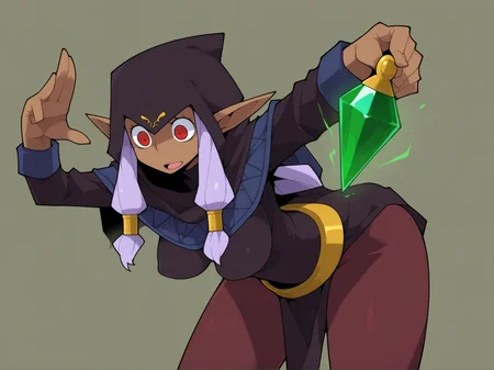 1girl, purple hair, long hair, red eyes, thief, perky breasts, wide hips,
dark elf, dark skin, thief attire, glowing emerald, wide eyes, fingers brushing gemstone, magic pulsing, body shivering, first taste of corruption
<lora:DarkfireStyle19v2:0.85>