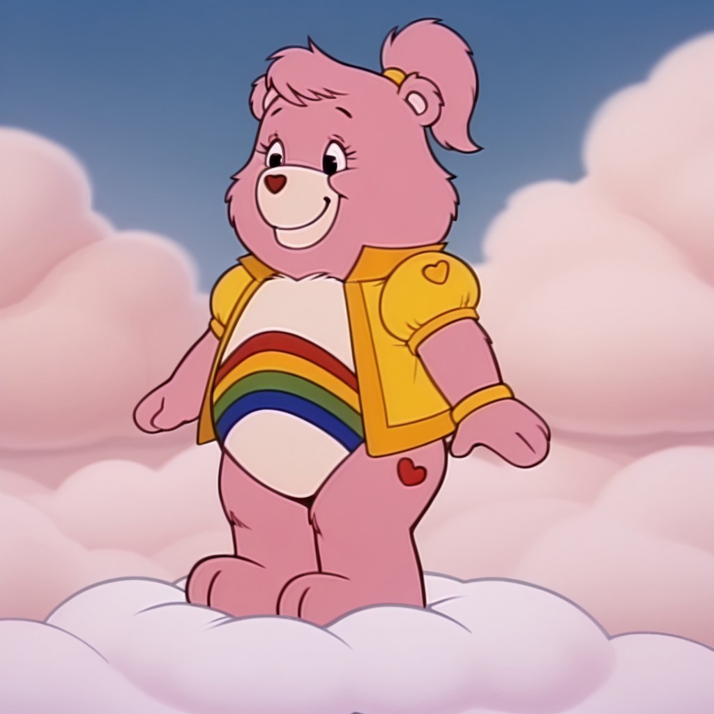 masterpiece, best quality, amazing quality, cheerbearil, semi-anthro, female, bear_girl, pink fur, black eyes, tummy symbol, yellow shirt, puffy sleeves, hair-tie, yellow bracelet, ponytail, open shirt, standing, on a cloud, smile