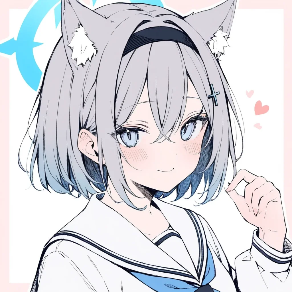 1girl,
solo, blue eyes, sailor collar, upper body, grey hair, black hairband, school uniform, extra ears, hand up, wolf ears, cross hair ornament, white sailor collar, closed mouth, hair between eyes, mismatched pupils, white background, blush, long sleeves, halo, simple background, looking at viewer, alternate hairstyle, short hair, aqua halo, hair ornament, smile, hairband, animal ear fluff, alternate hair length, animal ears, split mouth,
masterpiece, best quality, safe
<lora:mki-a31-dodosako-v1-000070:1>