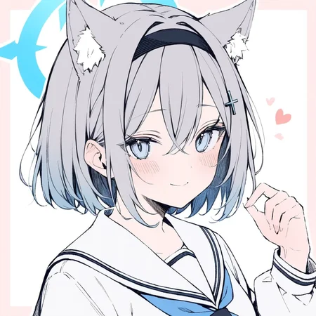 1girl,
solo, blue eyes, sailor collar, upper body, grey hair, black hairband, school uniform, extra ears, hand up, wolf ears, cross hair ornament, white sailor collar, closed mouth, hair between eyes, mismatched pupils, white background, blush, long sleeves, halo, simple background, looking at viewer, alternate hairstyle, short hair, aqua halo, hair ornament, smile, hairband, animal ear fluff, alternate hair length, animal ears, split mouth,
masterpiece, best quality, safe
<lora:mki-a31-dodosako-v1-000070:1>