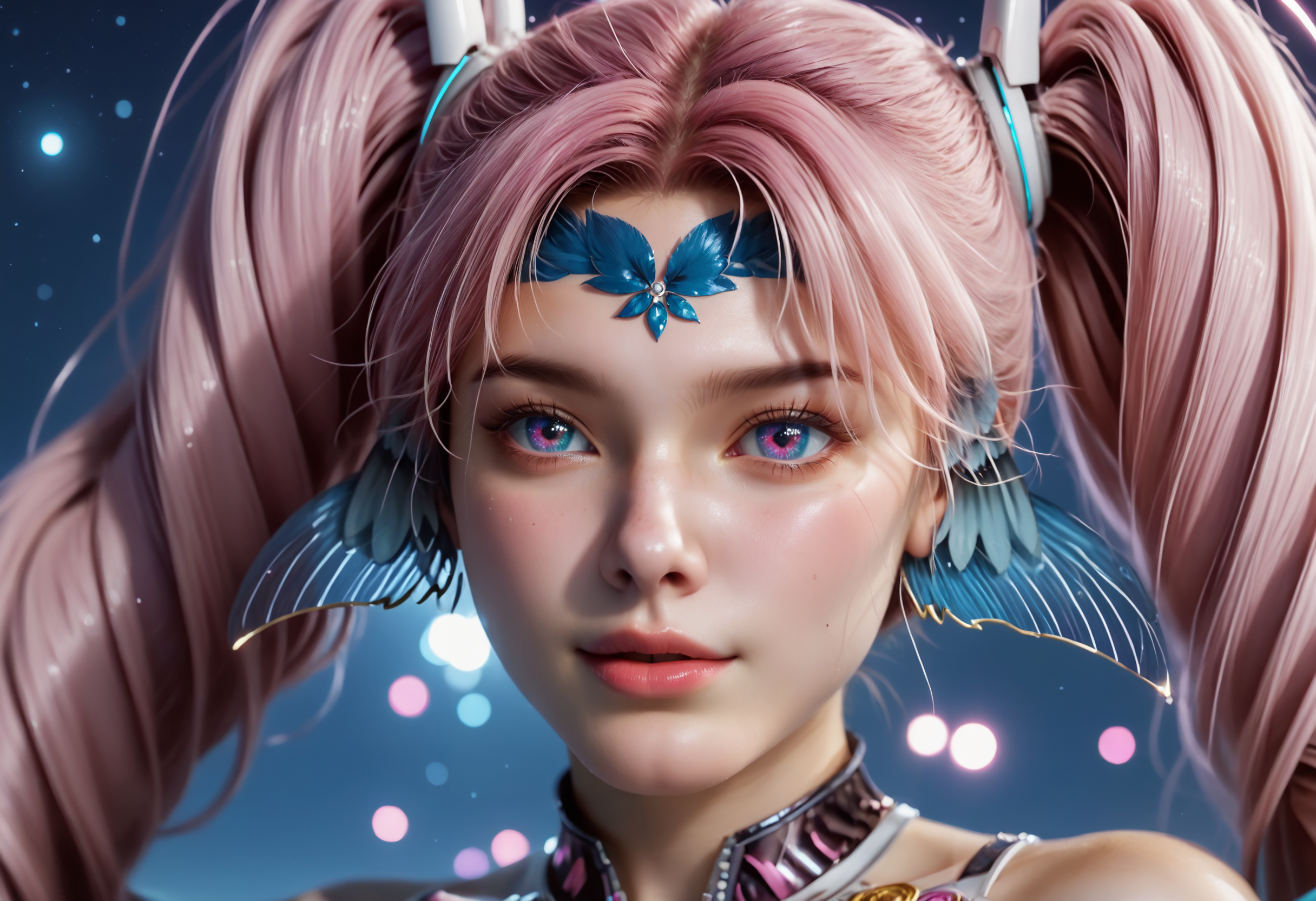 Masterpiece, best quality, amazing quality, very aesthetic, high resolution, ultra-detailed, absurdres, HDR, cinematic lighting, highres, newest, 
aichen, 1girl, pink hair, solo, long hair, twintails, drill hair,  purple eyes, blue head wings, blue forehead jewel, hair ornament, glowing golden rings on the twintails at the end, dutch_angle, pink aura, heart, dynamic_pose, bodysuit, realistic, photorealistic, cropped_hoodie, pleated_skirt, night, moonlight, white_legwear, white_footwear, beach, blush_stickers, full-face_blush, garter_straps, close, bokeh, portrait,