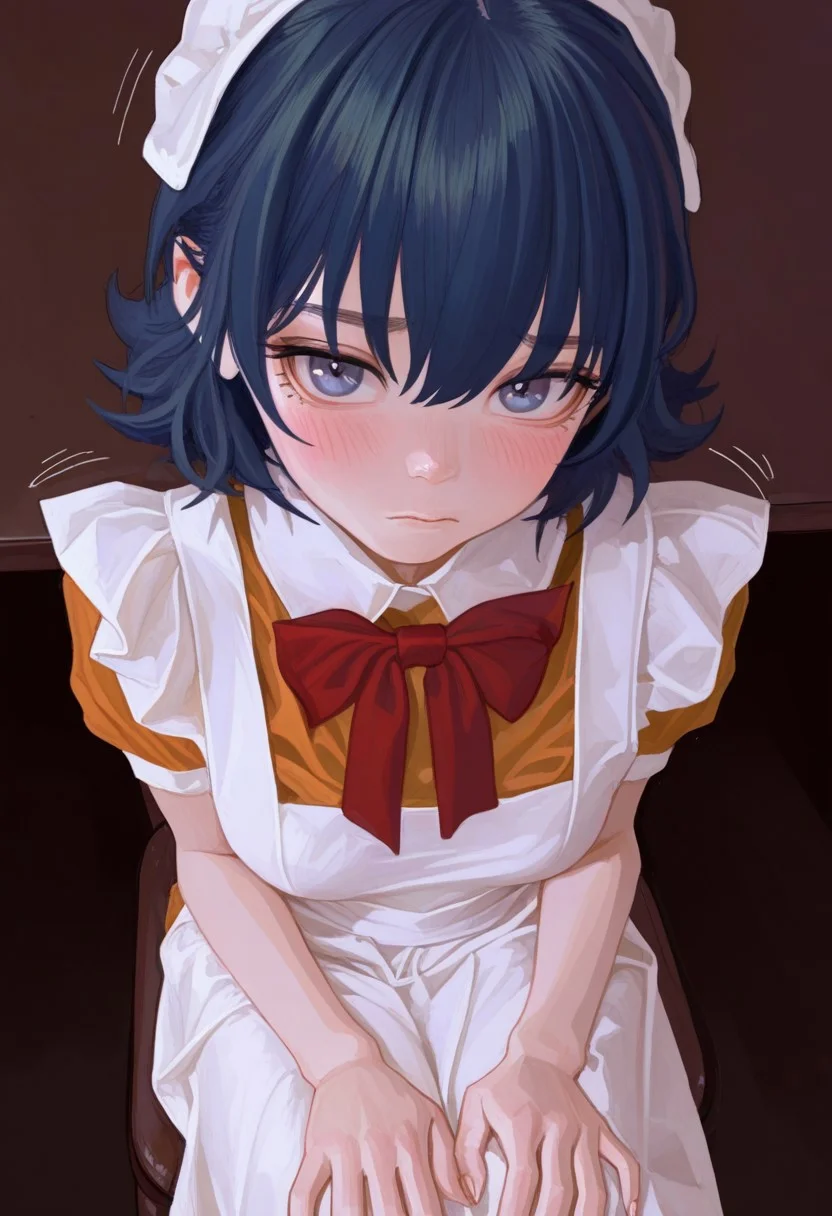 fine detail, high quality eyes, amazing quality, very aesthetic, high resolution, Masterpiece, best quality, (fkey:0.6), (BSSFKEY), ahemaru, (mamimi:0.8),
Solo, from above, looking at viewer, sitting on chair, hands on knees,
1girl, Chikoi the Maid, maid, white maids headband, blue hair, short hair, blue eyes, red bow tie, orange maid suit, nails, (medium breasts), shy face, blush, steamy body, cute, motion lines, motion blur,
Livingroom, table, dark, indoors, (blur background:1.1)