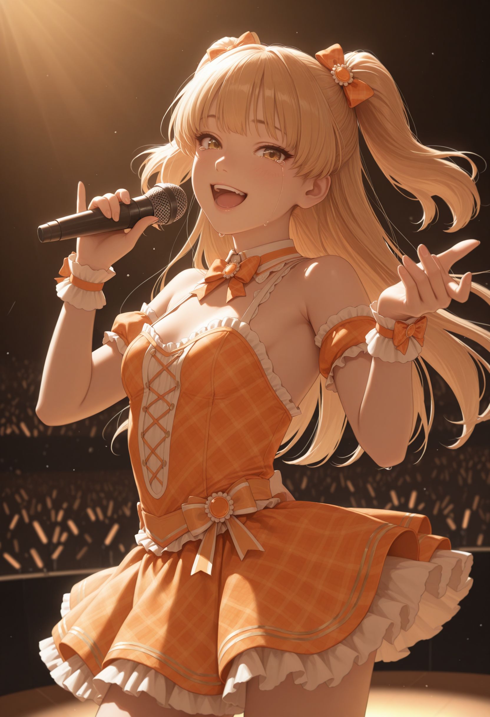 masterpiece, best quality, newest, (realistic:0.5), solo, looking at viewer,
 <lora:Jougasaki Rika illu:1> long hair, two side up, hair bow, small breasts. idol clothes, orange dress, hair ornament, standing, cowboy shot, singing, stage, holding microphone, smile, open mouth, tears,