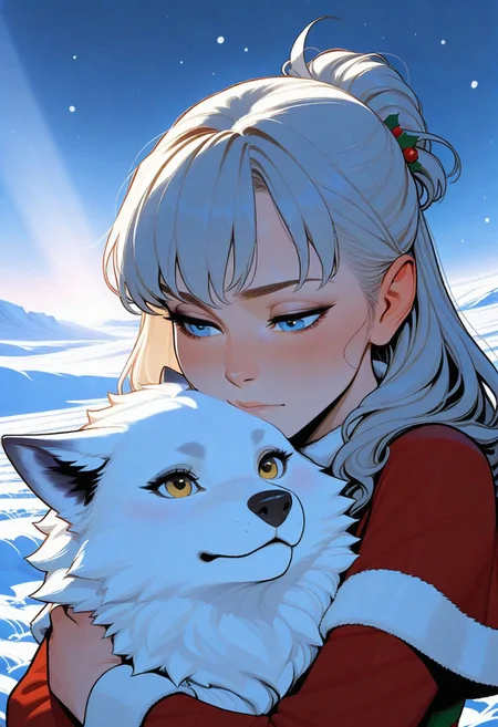 artist;incase, flat colors, high detailed, high quality, masterpiece, 1 girl, hugging pet snow wolf, heroic fantasy, snow field, portrait, cute,
animal christmas, dynamic lighting,