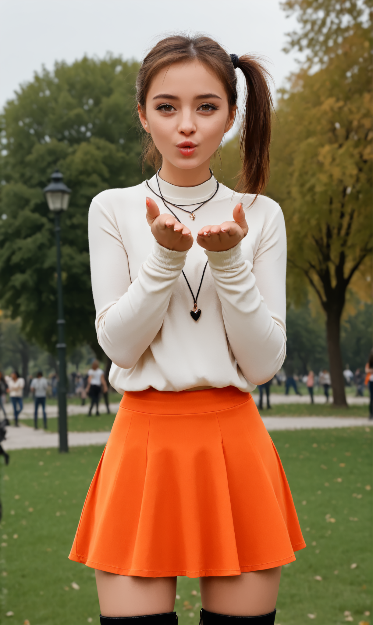 blaiki, wiboha, (slim 25 years old girl) in orange skirt and white blouse  is blowing an air kiss with both hands, standing in a crowded park. black (thigh high boots), necklace,  short brunette ponytail  
  <lora:AirKiss:1>