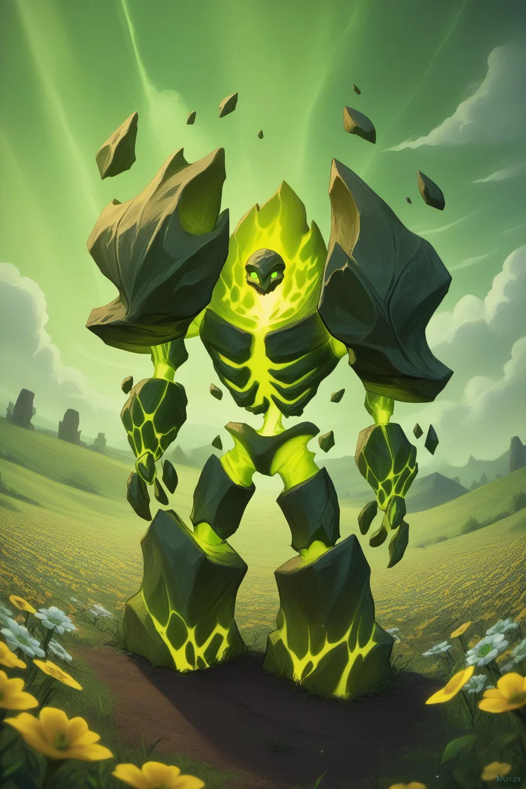 score_9, score_8_up, <lora:NSFelConstructWC3:1> NSFelConstructWC3, looking at viewer, green eyes, standing, no humans, glowing, glowing eyes, monster made of stone, green flames, green glow, bones, flower field, clouds