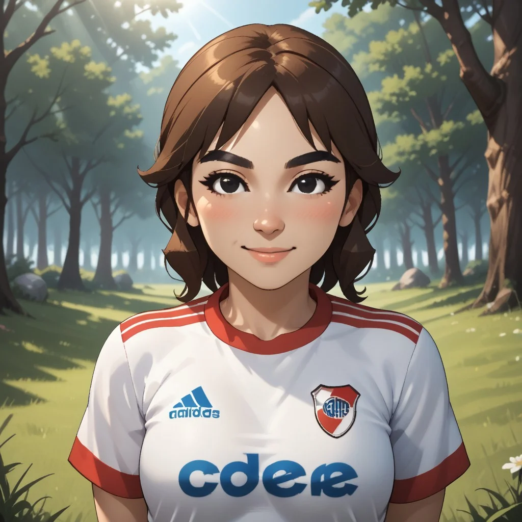score_9, score_8, BREAK, solo, mii, wii u, wii sports club, female mii, 1girl, cute, brown hair, black eyebrows, black eyes, small nose, white skin, smile, blush, RiverPlate, striped shirt, striped, shirt, white shirt, short sleeves, clothes writing, sportswear, soccer uniform, breasts, Marit_(\Wii_Sports_Club\), Nintendo Mii, modern_mii, classic_mii, adult female, mature female, sexy pose, self portrait, smile, outdoors, sunlight, shadows, evening lighting, natural lighting, forest, trees, grass, orange sky, sunset