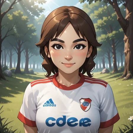 score_9, score_8, BREAK, solo, mii, wii u, wii sports club, female mii, 1girl, cute, brown hair, black eyebrows, black eyes, small nose, white skin, smile, blush, RiverPlate, striped shirt, striped, shirt, white shirt, short sleeves, clothes writing, sportswear, soccer uniform, breasts, Marit_(\Wii_Sports_Club\), Nintendo Mii, modern_mii, classic_mii, adult female, mature female, sexy pose, self portrait, smile, outdoors, sunlight, shadows, evening lighting, natural lighting, forest, trees, grass, orange sky, sunset