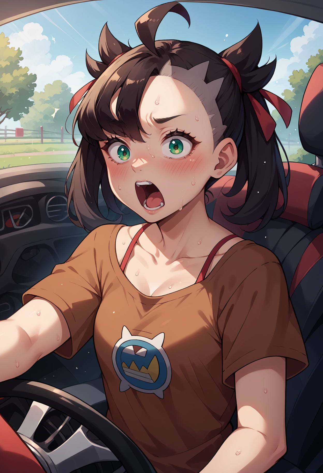 score_9, score_8_up,score_7_up, source_anime, rating_safe, 1girl, solo, <lora:EPpkMarnie:1>, black hair, hair ribbon, green eyes, twintails, asymmetrical bangs, red ribbon, 
Mary,
!, !!, ahoge, blush, brown shirt, driving, looking at viewer, motion blur, open mouth, shirt, short sleeves, spaghetti strap, steering, steering wheel, surprised, sweat, upper body, screaming, panicking, wide-eyed