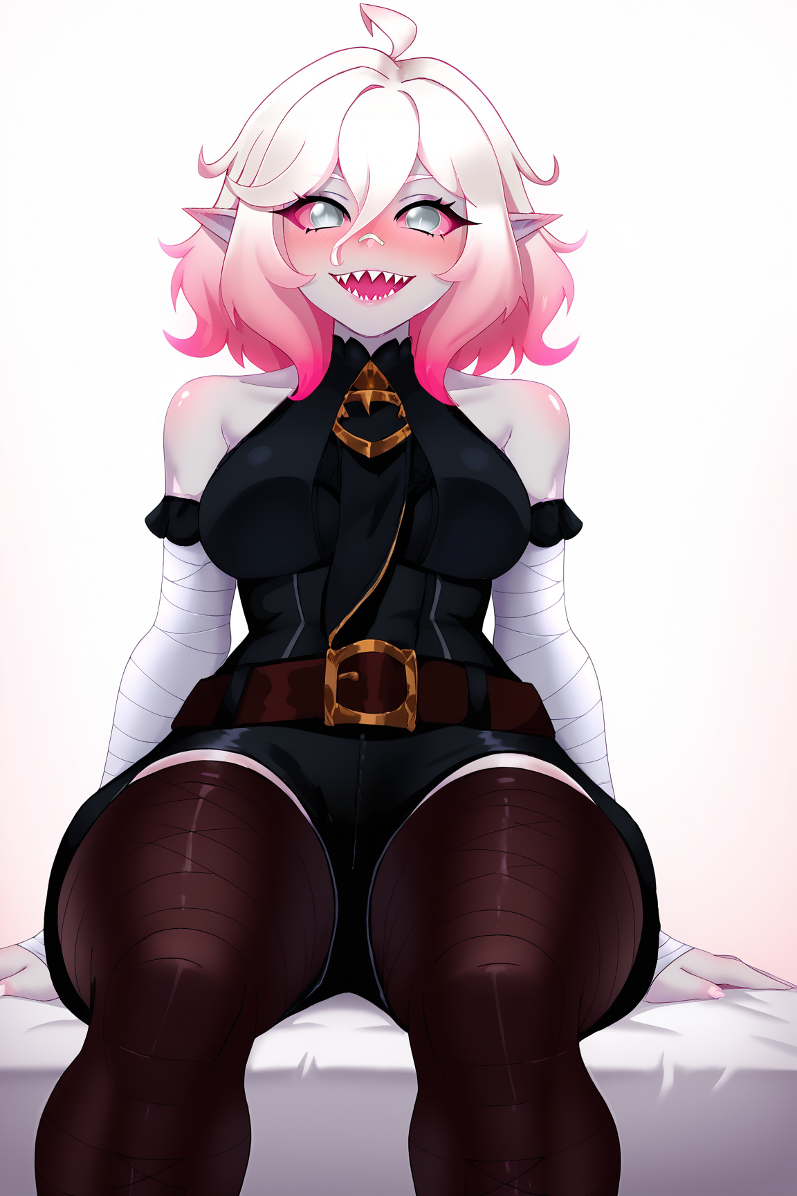 score_9, score_8_up, score_7_up, score_6_up, BREAK, BriarLoLXLv2, grey skin, colored skin, no pupils, grey eyes, pink sclera, white hair, pink hair, two-tone hair, gradient hair, short hair, hair between eyes, ahoge, pointy ears, sharp teeth, medium breasts, bare shoulders, black thight dress, detached sleeves, black bandaged sleeves, black shorts, belt, (black bandaged legwear), toeless legwear, sitting, ((bellow view)), looking at viewer, seductive smile, naughty face, nose blush, white background, simple background  <lora:BriarLoLXLv2:0.8>, SubukoStylePXL  <lora:SubukoStylePXL:1>