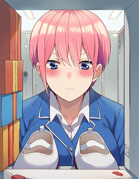 score_9, score_8_up, score_7_up, source_anime, <lora:ichika-nakano-s2-ponyxl-lora-nochekaiser:1>, ichika nakano, short hair, bangs, blue eyes, hair between eyes, pink hair, pixie cut, mature female, large breasts, <lora:shoe-locker-pov-ponyxl-lora-nochekaiser:1> shoe locker pov, locker, letter, school, gift box, unworn shoes, blush,, ,