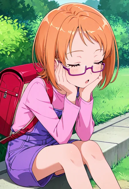 masterpiece, best quality, absurdres, very aesthetic, general,
shirabe ako, casual, 1girl, solo, closed eyes, open mouth, short hair, eyelashes, orange hair, hands on own face, under-rim eyewear, pink-framed eyewear, hands on own cheeks, bush, sitting, brown hair, :o, head rest, purple-framed eyewear, outdoors, skirt, red-framed eyewear, long sleeves, anime coloring, grass, blush, plant, day, overalls, bespectacled, backpack, randoseru, pink shirt
<lora:cure_muse_shirabe_ako_illustXL_locon_v1:0.7>