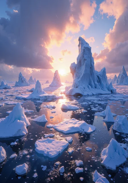 Monolithic ice floes crowned with prismatic light refractions, captured in an ethereal dreamscape where Northern lights dance across a frozen archipelago. Impossibly thin sheets of translucent sea ice fragment and stack like crystalline playing cards, their edges illuminated by the setting sun's golden-magenta rays. Suspended ice crystals create diamond dust phenomena, scattering light into microscopic rainbow fragments across the arctic seascape. The scene marries traditional Inuit art aesthetics with hypermodern digital painting techniques, emphasizing sacred geometry within natural ice formations. Dramatic crepuscular rays pierce through stratocumulus clouds, creating God rays that illuminate floating ice bergs from within. Microscopic photography details of crystal lattice structures transitioning into macro landscape composition, with precise detail of light bending through ice prisms. Atmospheric depth enhanced by volumetric fog illuminated by subsurface scattering, 8K resolution, photorealistic rendering with surrealist color science, masterpiece quality. <lora:zyd232_Ink_Style_Flux1D_v1_1:0.6> <lora:Synesthesia:0.5> <lora:Vintage comic book:0.6> <lora:It's a LoRA for portraits, BUT! actually specialized in backgrounds. v1.0:0.4> <lora:flux_dev:1>