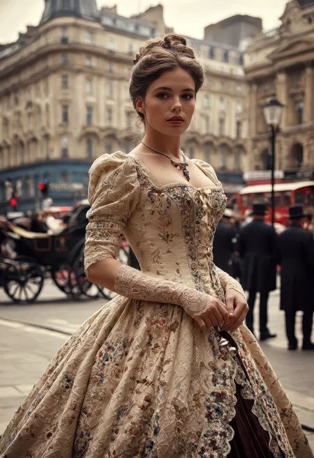 beautifully composed HDR fashion portrait of a well-endowed, beautiful young woman in 1890s haute couture, set in Piccadilly Circus, London, circa 1898, detailed Victorian streetscape, no modern vehicles or structures, realistic period crowd and signage, wearing a flowing Chanel-inspired gown with vibrant, colorful delicate embroidery, rich fabrics, bare skin softly illuminated by warm sunlight, visible skin texture with goosebumps, subtle blush, soft cinematic haze, (background bokeh:1.3), vivid color palette, rich period tones, Kodak Portra film look, Tony Kelly bold boldness blended with Casey Baugh softness, full editorial elegance, evocative vintage mood, hyperrealistic, photorealistic, ultra-detailed, professional fashion photography, period-correct, cinematic lighting, HDR rendering, immersive historical atmosphere