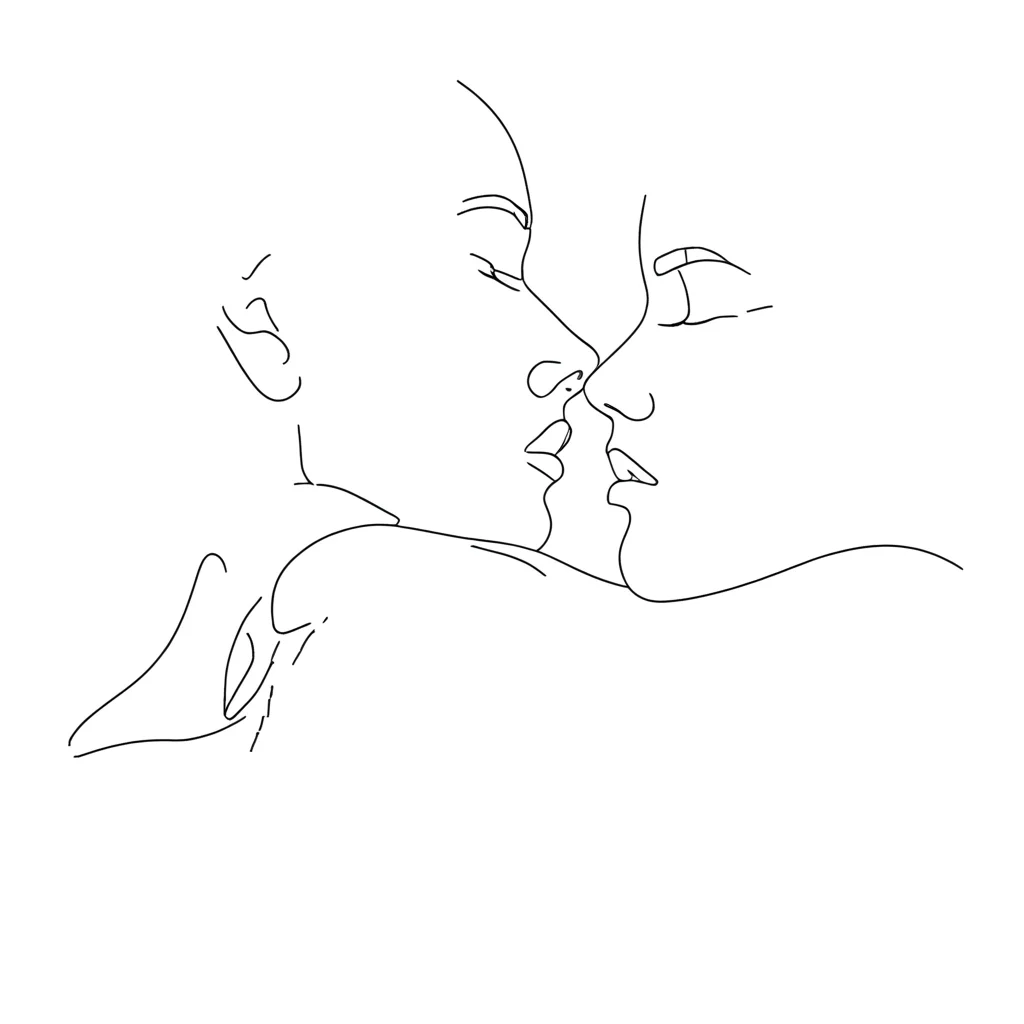 aaAR7la, masterpiece, best quality, aesthtic, highres, simple background, white background, Black-and-white, minimalistic, one line drawing, lineart, 1girl, 1boy, couple, forehead touch, closed eyes, naked,