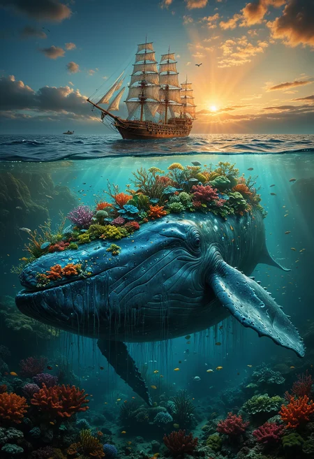 surreal scene, a massive whale is depicted with an ecosystem on its back. The whale's back has a variety of marine life like coral and vegetation growing on it, vivid miniature underwater world, Above the water an old-fashioned three-masted ship sails, The water's surface is clear, perfect view of the whale and its ecosystem beneath, dramatic lighting and vibrant colors, fantastical, dreamlike quality, <lora:MJ52:0.4>, <lora:add-detail-xl:1>, <lora:SDXLFaeTastic2400:0.2>