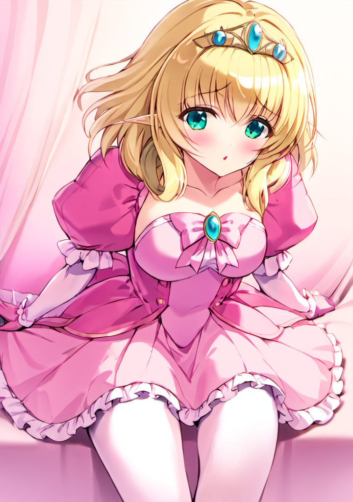 <lora:Laura_Elfinrine:0.85> Laura Elfinrine, blonde hair, tiara,  aqua eyes  wearing pink gown with puffy sleeves,  pink ribbon with a gem on chest, pink long gloves, white pantyhose