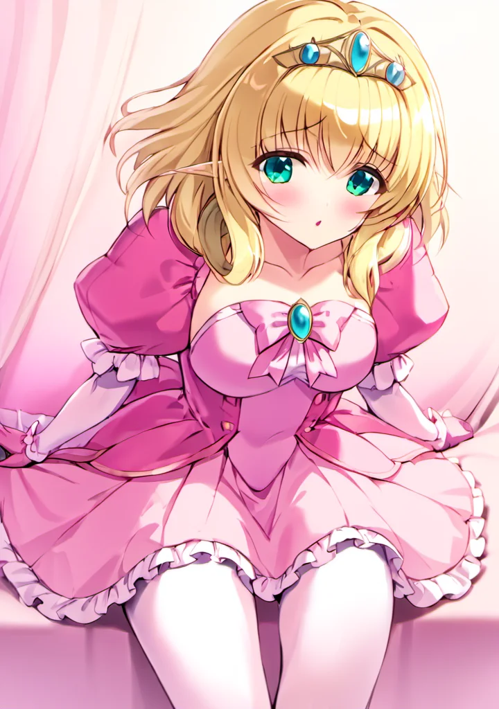 <lora:Laura_Elfinrine:0.85> Laura Elfinrine, blonde hair, tiara, aqua eyes wearing pink gown with puffy sleeves, pink ribbon with a gem on chest, pink long gloves, white pantyhose