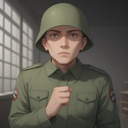 score_9, score_8_up, score_7_up, best quality, masterpiece, source_anime, zPDXL, zPDXL_xxx, BREAK
in city of ruin
1boy,  <lora:rebelsoldier:1>military uniform, rebelsoldier, green helmet, no eyes, <lora:add-detail-xl:1> <lora:detail_eyes:0.5>, one hand raised, signaling a question