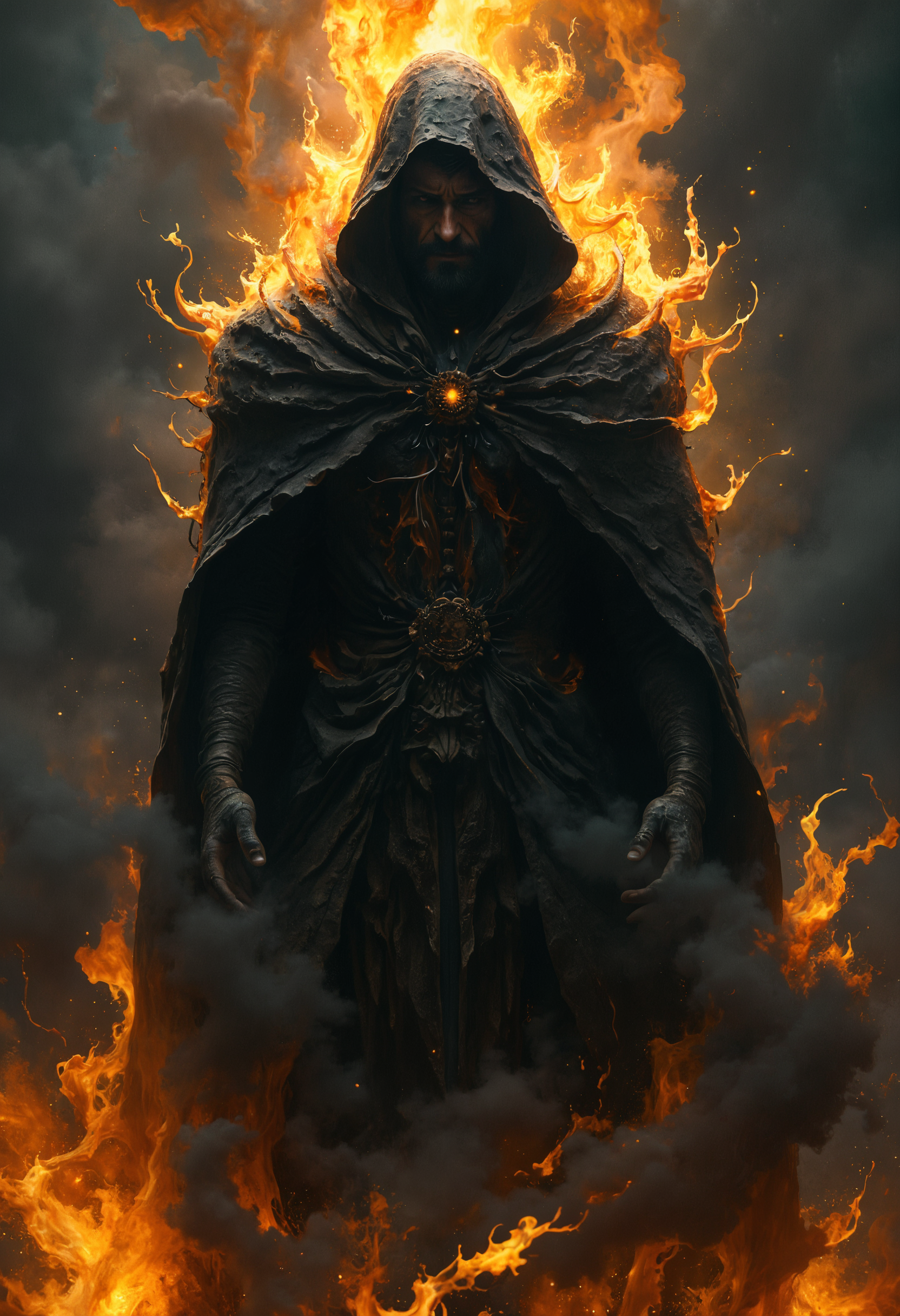A figure shrouded in black and gold mist stands surrounded by flames in the darkness. This mysterious being exudes an aura of danger and intrigue, with sharp features and captivating eyes. The cloak billows around them, adding to their mysterious presence. This image could be a stunning painting, rich in detail and vivid colors. Every aspect of the figure is meticulously crafted, from the swirling mist to the fiery backdrop, creating a truly captivating and high-quality piece of artwork.