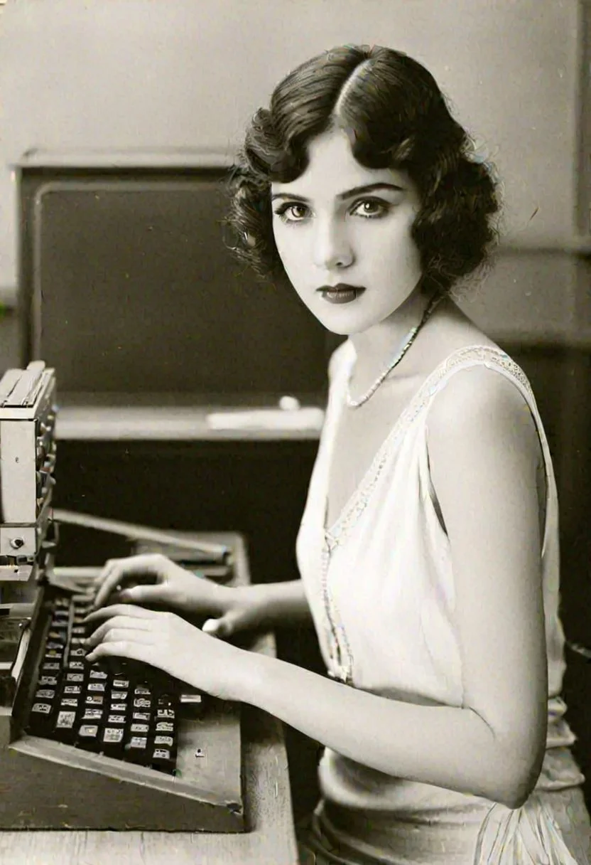 vintage photo, of 1920s female computer, inside university, making calculations to help win the war, perfect face, alluring eyes, beautiful hands, photographed on a Kodak 35, 50mm lens, f/3.5, black and white