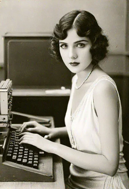 vintage photo, of 1920s female computer, inside university, making calculations to help win the war, perfect face, alluring eyes, beautiful hands, photographed on a Kodak 35, 50mm lens, f/3.5, black and white