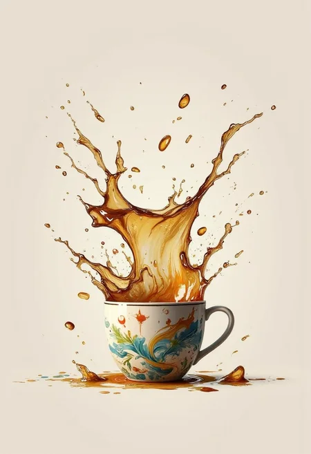 A splash of YFG-C0ff in a cup falling over.