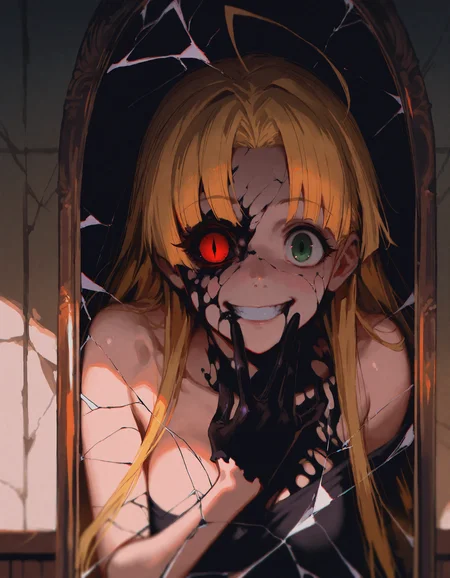 masterpiece,best quality,newest,very aesthetic,absurdres,very awa,highres,(yoneyama mai:0.4),(rella:0.4),(cutesexyrobutts:0.4),(ilya kuvshinov:0.4),newest,year 2024,year 2023,<lora:ponyv4_noob1_2_adamW:0.6>,cinematic lighting,light,dark 1girl,(mature female:0.9),(girl in mirror:1.2),asia argento,blonde hair,green eyes,heterochromia,black eyes,(looking from mirror),(broken mirror),corruption,(black liquid:1.2),hands outside mirror,light smile,evil grin in mirror,horror \(theme\),sinister,limited palette,upper body,monochrome,mirror reflection,madness,(hand on mirror:1.1),(black blood from one eye:1.2),looking at viewer,(cracked skin:1.2),bad end,((black eye with red slit pupil and black sclera )),solo,solo focus,