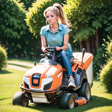 score_9, score_8_up, score_7_up, rilamo (front view) , (slim 25yo female) riding a lawn mower. blue short dress, sneakers , long blonde ponytail <lora:RideLawnMowerPony:1>