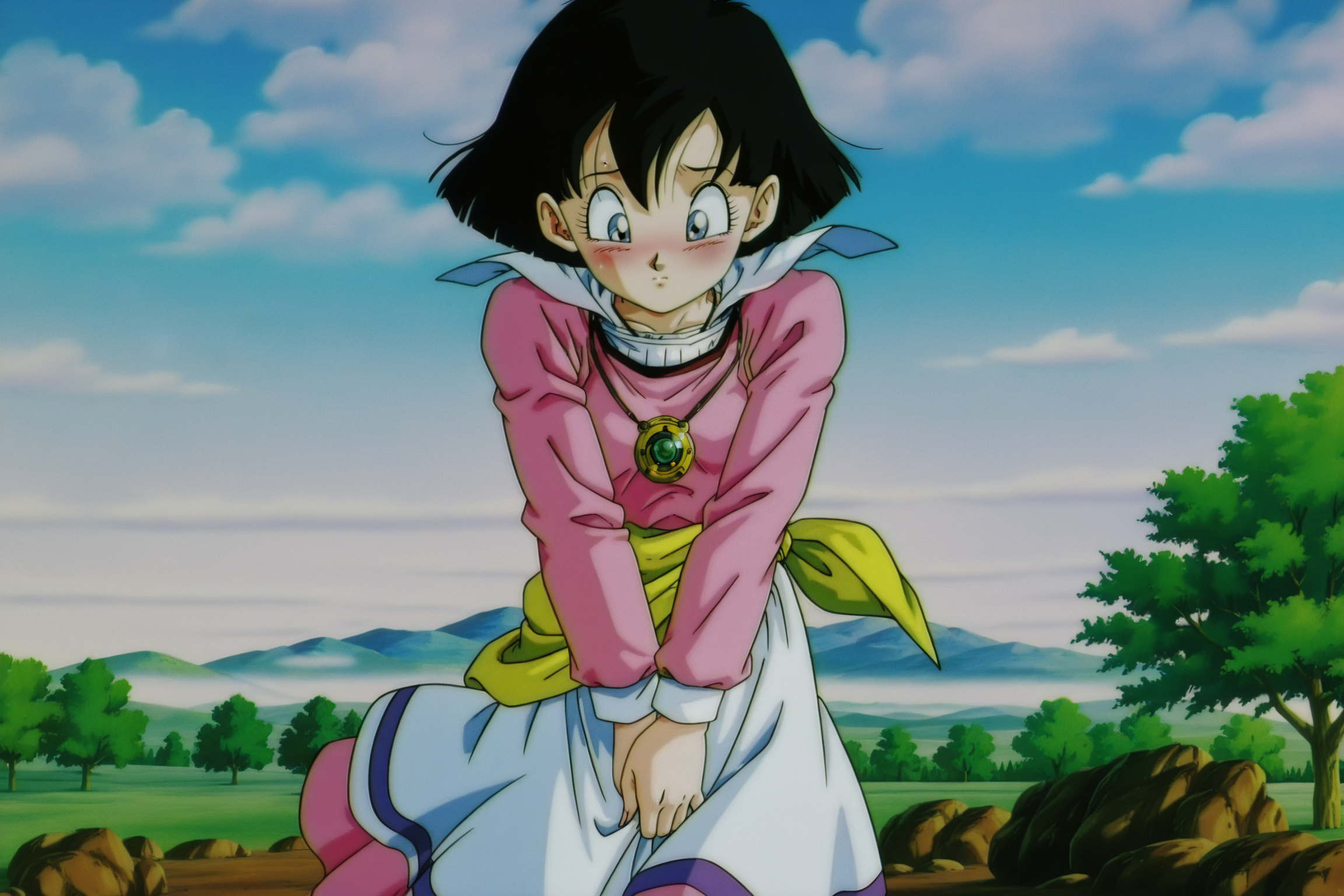 anime screencap, absurdres, high quality, official style,
videl, dargon ball super, 1990s \(style\), anime coloring, retro artstyle, movie costume, 1girl, solo, short hair, bob cut, black hair, looking down, embarrassed, blue eyes, eyelashes, headwear removed, necklace, amulet, collar up, pink dress, multi tone clothing, long sleeves, white undershirt, white skirt, yellow sash, fingernails, raised eyebrows, cowboy shot, covering crotch, floating clothes, blush, tree, mountainous horizon, rock, fog, cloudy sky, outdoors, day, 
 <lora:Videl:0.8>