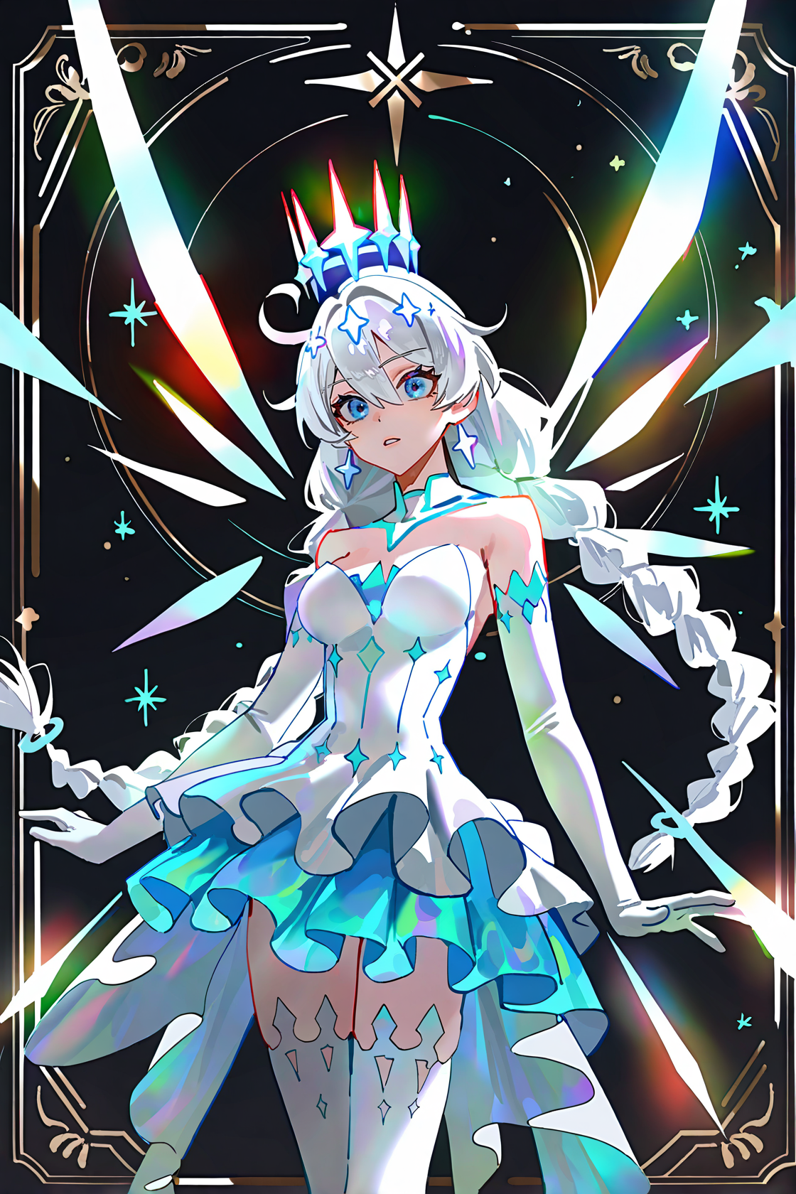 ((artist:betabeet)), artist:john_kafka, artist:nixeu, artist:quasarcake, 
(by xilmo, by modare, by reoen:1.1), (hyperrealistic:1.1), (high_contrast:1.1), (holy_(\theme\):1.2), (card_\(theme\):1.1), solo, long hair, large breasts, (black-color-scheme:1.1), character card, abstract sun, moon and stars, thick line, murals, holy light, mural moon, simple black background, angels come, stars, card border, frame pattern, 
<lora:kiana-young-noob-Tanger-000013:0.7>, 
kiana kaslana, dongzhi, dongzhi, dongzhi dress, 5th clothes, 1girl, blue eyes, gloves, white thighhighs, dress, long hair, elbow gloves, white hair, crystal crown, bare shoulders, bangs,