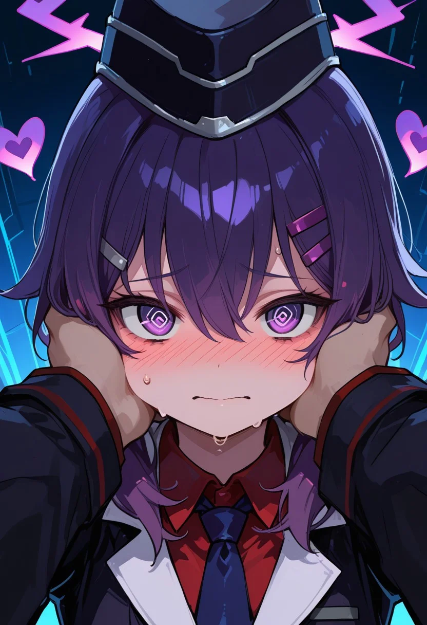 masterpiece, score_9, score_8_up, score_7_up, EasyNegative_v2,
(best quality:1.1),ultra-detailed, high resolution, super detailed skin, beautiful detailed eyes, Brightly Lit, Highly Visible, 8k, sharp focus, beautiful, perfect lighting, beautiful eyes, anatomically correct, anatomically correct face, extremely detailed eyes, smooth edges, beautiful face, symmetrical eyes, symmetrical face, (troubled face, panic:1.3), (embarrassed, blush, Sweat:1.5), (spiral-only eyes:1.3),
(face close-up:2.0), (extending arms to the viewer:1.5),
1girl, cute girl, Haruka (blue archive), (purple hair, medium hair, purple eyes, hairclip:1.3), (purple halo:1.2), (red shirt, black jacket, garrison cap, necktie:1.3),
bright lighting, (solo focus:1.5),
(floating hearts:1.5),