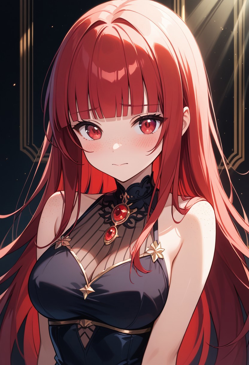 score_9, score_8_up, score_7_up, score_6_up, source_anime, masterpiece,
BREAK;1
((cute luminous face, kawaii, long straight red hair, blunt bangs, red eyes)), blushing, freckles, (embarrassed face:1.2), large breast, god rays,
BREAK
covered nipples, black dress,
BREAK
(masterpiece,best quality,ultra detailed,highres,absurdres,high quality:1.2),amazing quality,perfect composition,incredibly_absurdres,intricate details,very aesthetic,Epic Light and Shadow, cozy bedroom