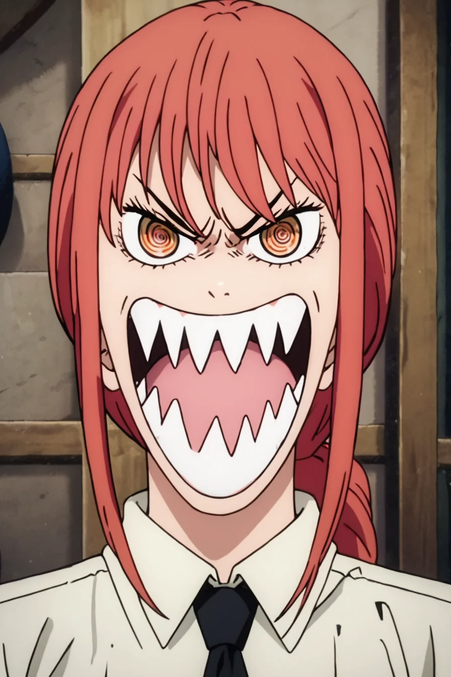 score_9, score_8_up, score_7_up, score_6_up, score_5_up, score_4_up,<lora:mak1ma0XL_Pony_v1:0.8> , mak1ma0, red hair, long hair, ringed eyes, white collared shirt, black necktie, 1girl,alone, looking at the viewer, masterpiece, highres, highly detailed face, <lora:One_piece_funny_face:1>, one_piece_funny_face, angry, angry eyes, impact lines, sharp teeth