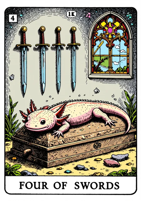 A tarot card with the text "Four of Swords," an axolotl lying on a tomb, three swords on the wall, one beneath, a stained glass window, repose and reflection., axolotl, a tarot card in the style of ck-tc featuring<lora:ck-tarot-000015.safetensors:1.0:1.0> <lora:Axomodel_Flux_V1.1.safetensors:1:1>