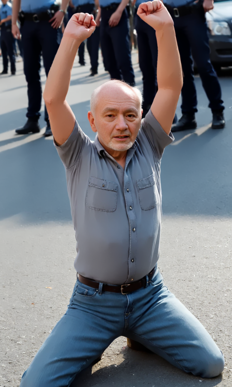 knwlu_high, half front view , old man in jeans and grey shirt kneeling on street in front of policemen. both arms up. 
 <lora:KneelWithArmUp-000008:1>