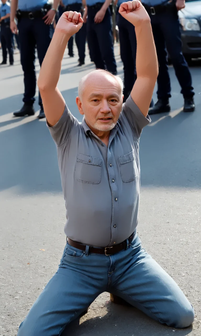 knwlu_high, half front view , old man in jeans and grey shirt kneeling on street in front of policemen. both arms up.
<lora:KneelWithArmUp-000008:1>