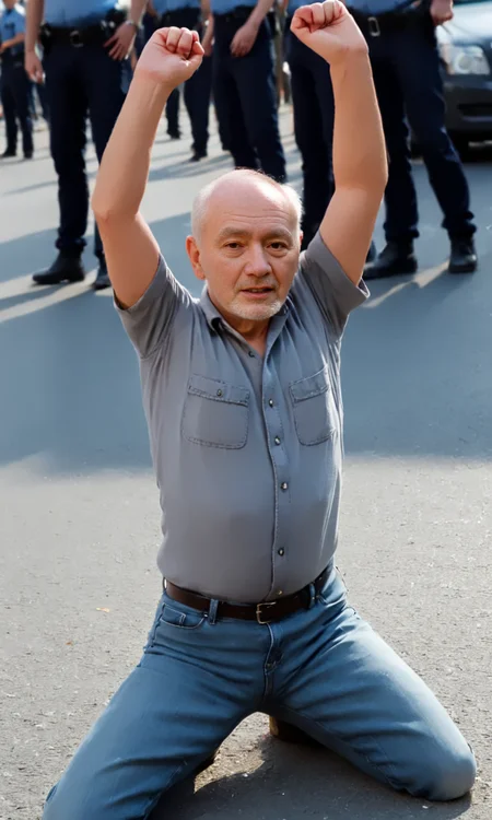 knwlu_high, half front view , old man in jeans and grey shirt kneeling on street in front of policemen. both arms up.
<lora:KneelWithArmUp-000008:1>