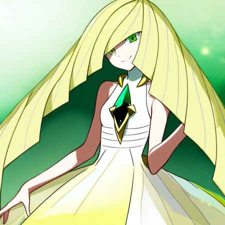 solo, 1girl, lusamine, blonde hair, green eyes, smile, dress, white dress, sleeveless dress