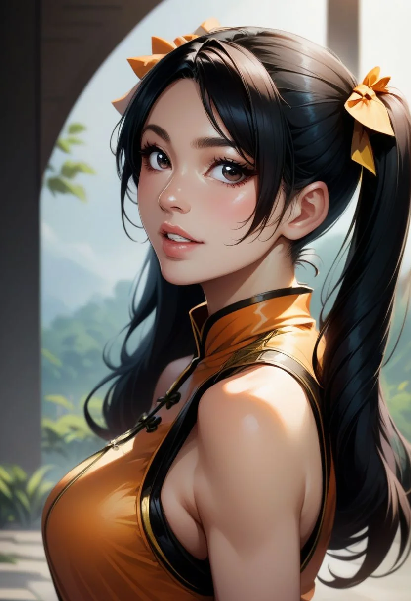 score_9, score_8_up, score_7_up,derpibooru_p_95,
source_anime, very aesthetic, anime screencap, anime coloring,
ling xiaoyu, ling xiaoyu \(tekken\), 1girl, solo, long hair, breasts, looking at viewer, bangs, black hair, dress, bow, bare shoulders, twintails, brown eyes, medium breasts, upper body, hair bow, parted lips, teeth, sleeveless, blurry, black eyes, from side, lips, parted bangs, looking to the side, depth of field, blurry background, chinese clothes, nose