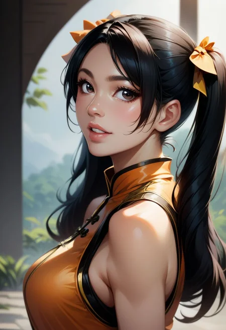 score_9, score_8_up, score_7_up,derpibooru_p_95,
source_anime, very aesthetic, anime screencap, anime coloring,
ling xiaoyu, ling xiaoyu \(tekken\), 1girl, solo, long hair, breasts, looking at viewer, bangs, black hair, dress, bow, bare shoulders, twintails, brown eyes, medium breasts, upper body, hair bow, parted lips, teeth, sleeveless, blurry, black eyes, from side, lips, parted bangs, looking to the side, depth of field, blurry background, chinese clothes, nose