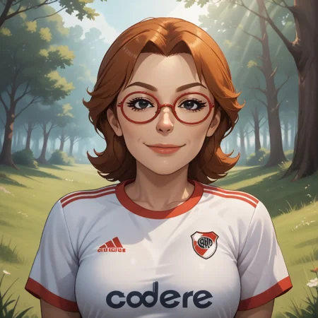 score_9, score_8, BREAK, solo, wii, mii, wii sports, 1girl, female mii, black eyes, auburn hair, brown eyebrows, red glasses, lips, RiverPlate, striped shirt, striped, shirt, white shirt, short sleeves, clothes writing, sportswear, soccer uniform, nintendo mii, modern_mii, classic_mii, breasts, yoshi_(wii_sports), adult female, mature female, sexy pose, self portrait, smile, outdoors, sunlight, shadows, evening lighting, natural lighting, forest, trees, grass, orange sky, sunset