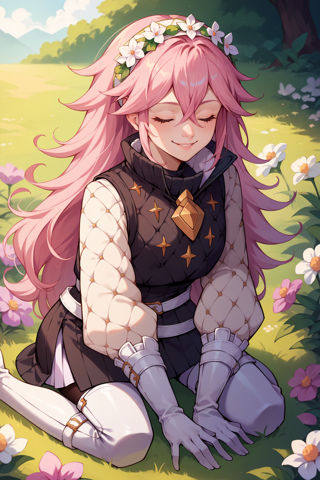 score_9, score_8_up, score_7_up, score_6_up, source_anime, 1girl, solo, <lora:fesoleil-pdxl-nvwls-v1-000005:1> feSlil, pink hair, long hair, hair between eyes, pink eyes, hairband, black vest, white sleeves, long sleeves, white belt, white skirt, short skirt, black pantyhose, white gloves, thigh boots, white boots, kneeling, head wreath, closed eyes, smile, meadow, flowers