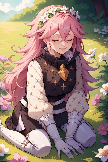score_9, score_8_up, score_7_up, score_6_up, source_anime, 1girl, solo, <lora:fesoleil-pdxl-nvwls-v1-000005:1> feSlil, pink hair, long hair, hair between eyes, pink eyes, hairband, black vest, white sleeves, long sleeves, white belt, white skirt, short skirt, black pantyhose, white gloves, thigh boots, white boots, kneeling, head wreath, closed eyes, smile, meadow, flowers