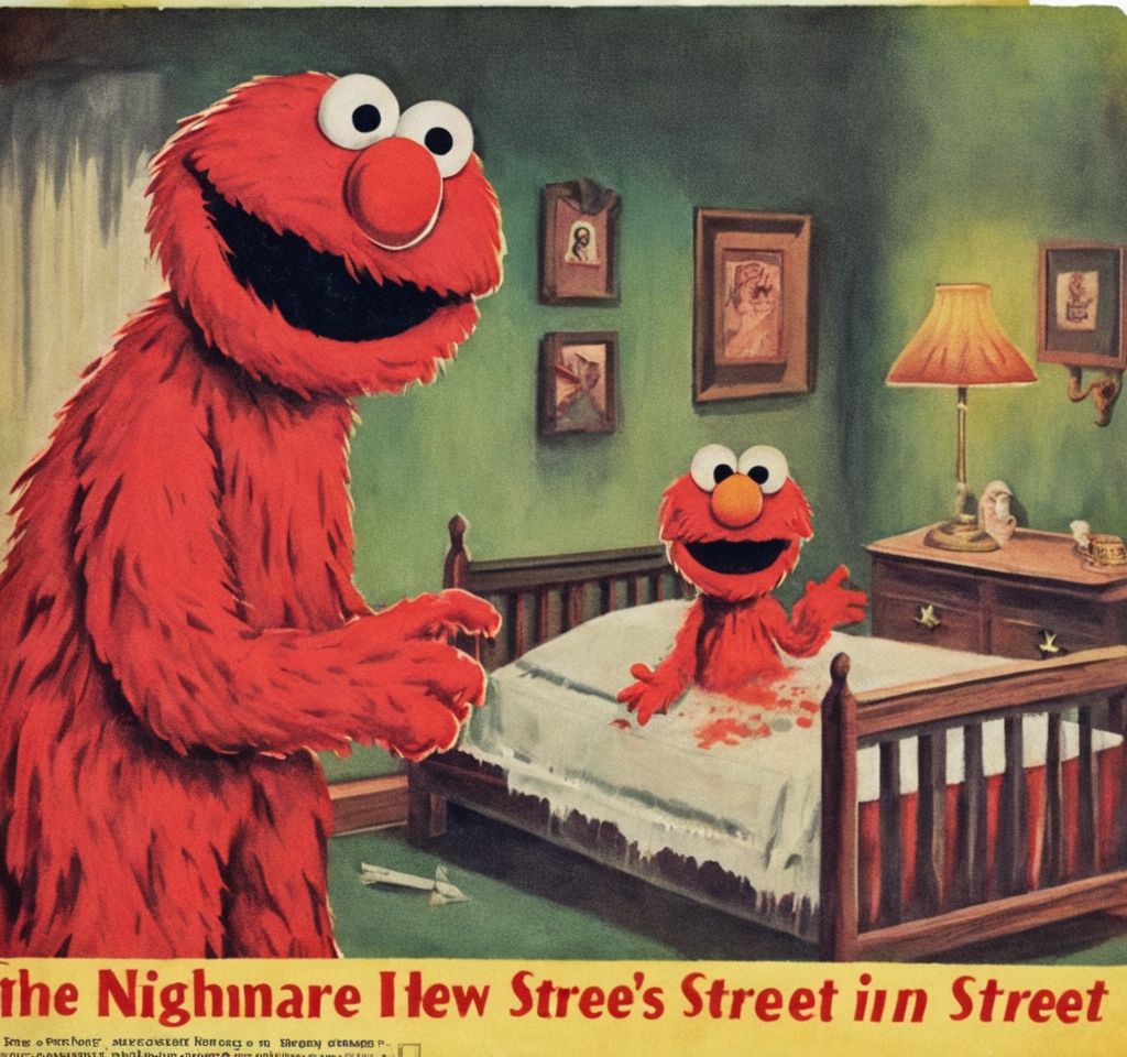 A horror illustration of a Nightmare in Elmo's street   VintageMagStyle <lora:SDXL-VintageMagStyle-Lora:1>