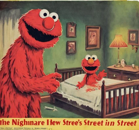 A horror illustration of a Nightmare in Elmo's street VintageMagStyle <lora:SDXL-VintageMagStyle-Lora:1>