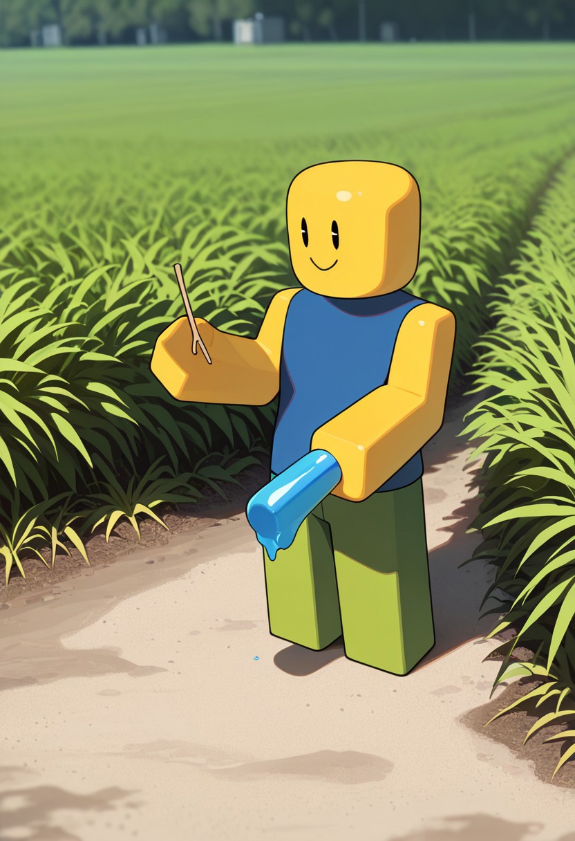 masterpiece, best quality, amazing quality, very aesthetic, absurdres, newest,
outdoors, holding slushie, straw, 
noob, solo, smile, colored skin, yellow skin, 1boy, yellow block arms, green block legs, round head, , closed mouth, blue shirt, green pants, solid oval eyes, sleeveless,